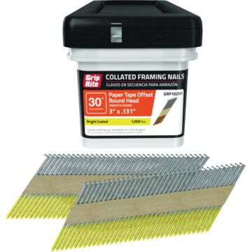Grip-Rite 3 In. x 0.131 In. 30 Deg. Bright Coated Offset Round Head Smooth Shank Paper Tape Collated Framing Nail (1000-Count)