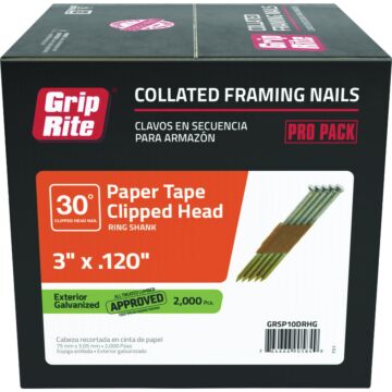 Grip-Rite 3 In. x 0.120 In. 30 Deg. Hot Galvanized Clipped Head Ring Shank Paper Tape Collated Framing Nail (2000-Count)