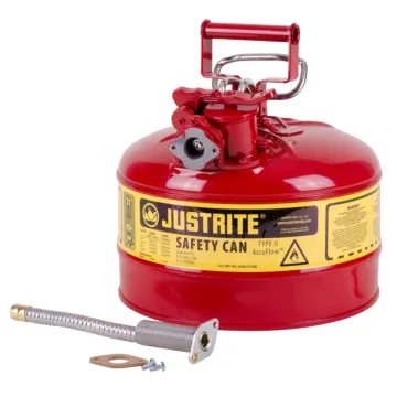 Justrite 2.5 Gallon, 5/8" Metal Hose, Steel Safety Can for Flammables, Type II, AccuFlow™, Red - 7225120