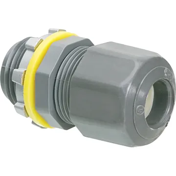 Arlington Industries Low-profile non-metallic, liquid-tight, oil-tight, and gray strain relief cord connector furnished with a sealing ring and locknut. Supports .100 to .300 cord range with a 1/2 inch trade size.