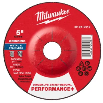Milwaukee Type 27 Performance+ Metal Grinding Wheel - 5 in. x 1/4 in. x 7/8 in.