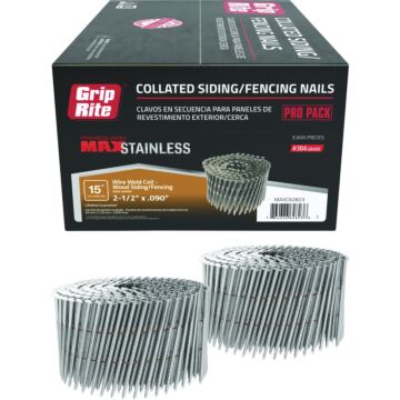 Grip-Rite 2-1/2 In. x 0.090 In. 15 Deg. #304 Stainless Steel Ring Shank Checkered Head Wire Weld Collated Siding Nail (3600-Count)