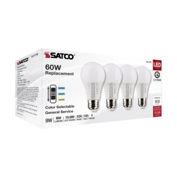 Satco 9 Watt A19 LED - Medium Base - CCT Selectable - Frost Finish - 90 CRI - 120 Volt - 4 Pack